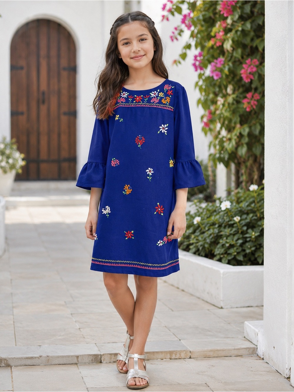 Janie and Jack Royal Blue Embroidered Floral Bell-Sleeve Dress